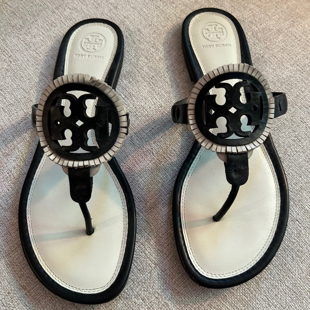 Tory Burch Black and White Miller Sandals